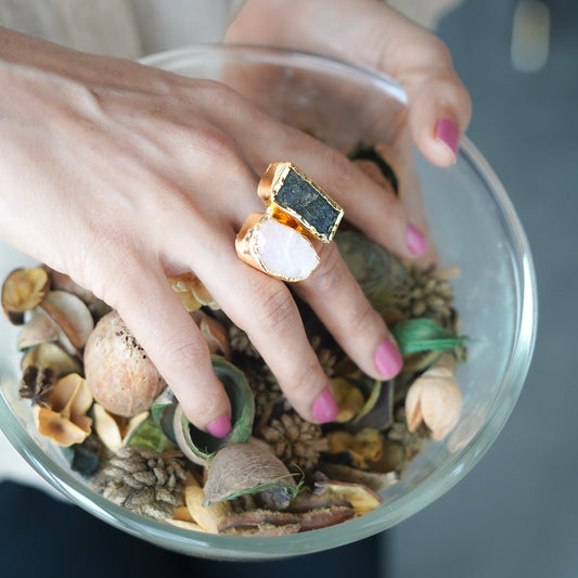 The Juno Dual-Stone Ring Labrodite with Rose Quartz