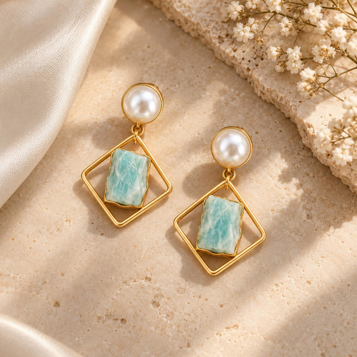 Aqua Pearl and Stone Drop Earrings