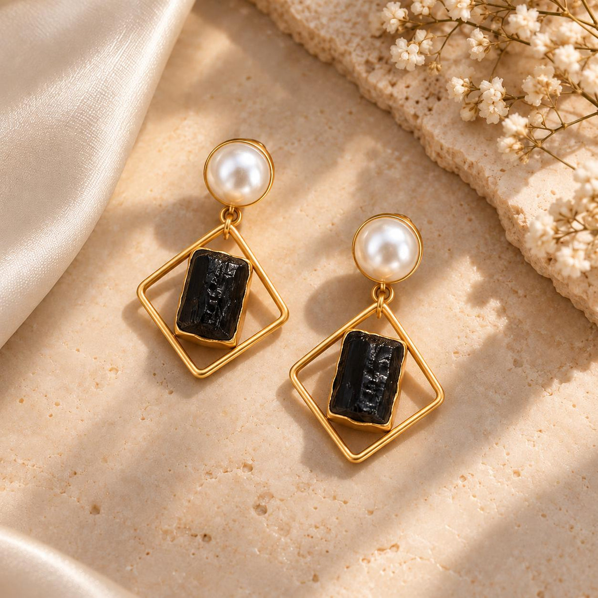 Noir Pearl and Stone Drop Earrings