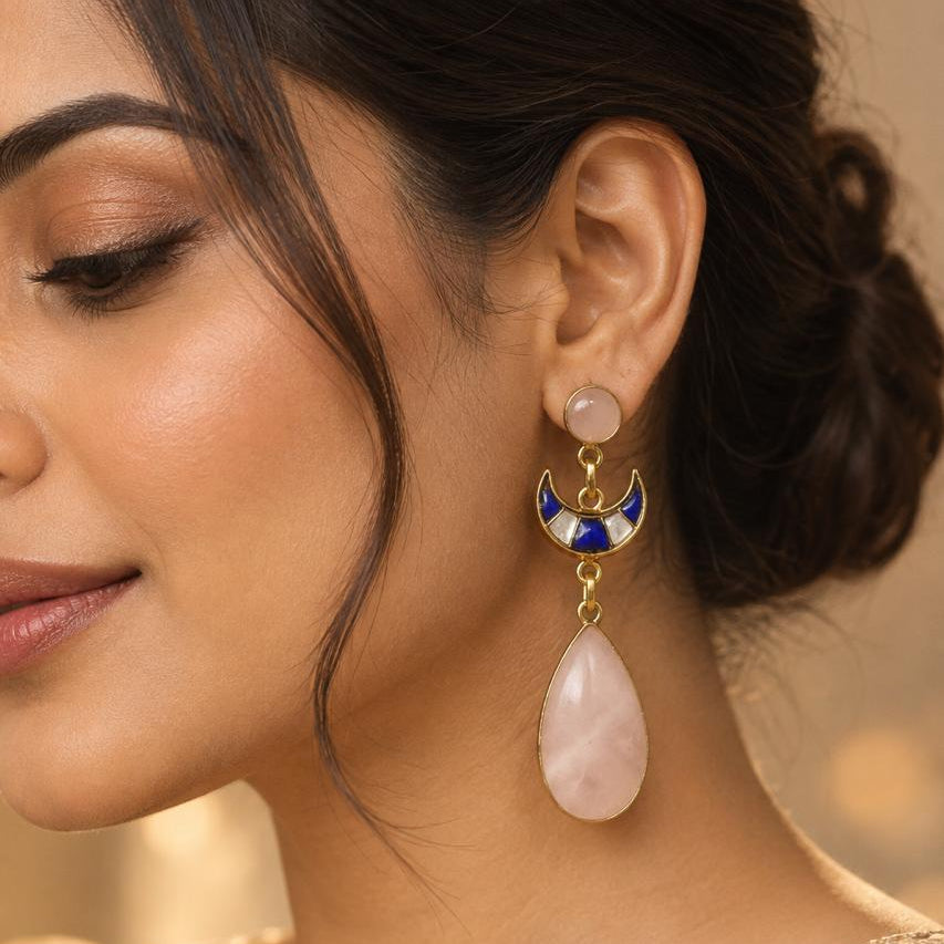 Azure Rose Quartz Crescent Earrings