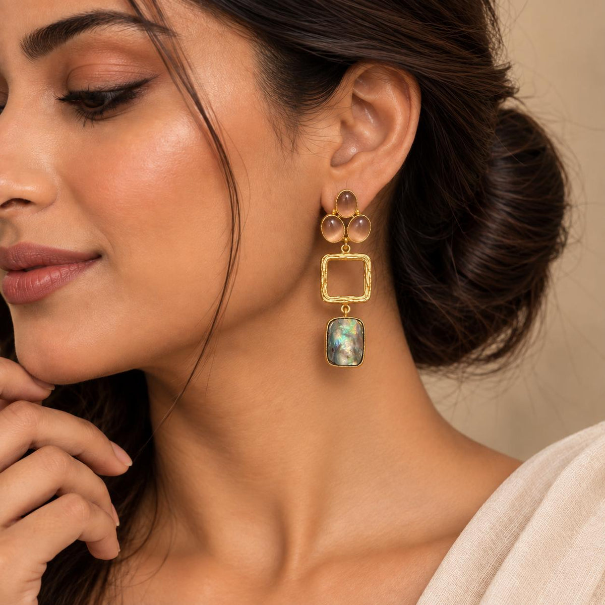 Rose Cat's Eye & Shell Pearl Earrings
