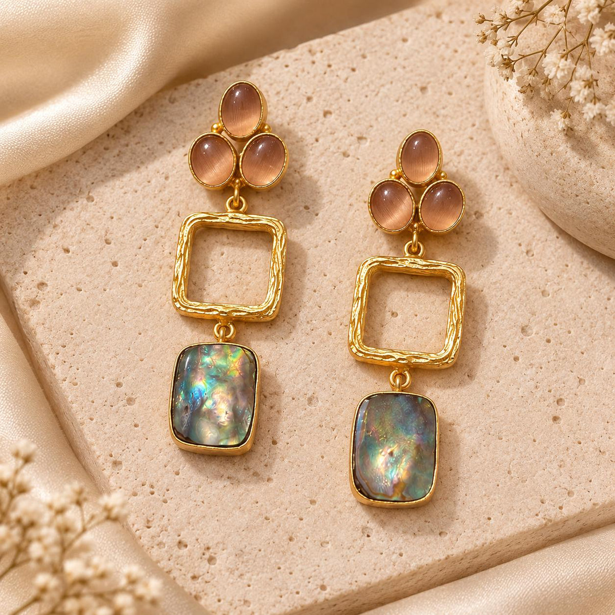 Rose Cat's Eye & Shell Pearl Earrings