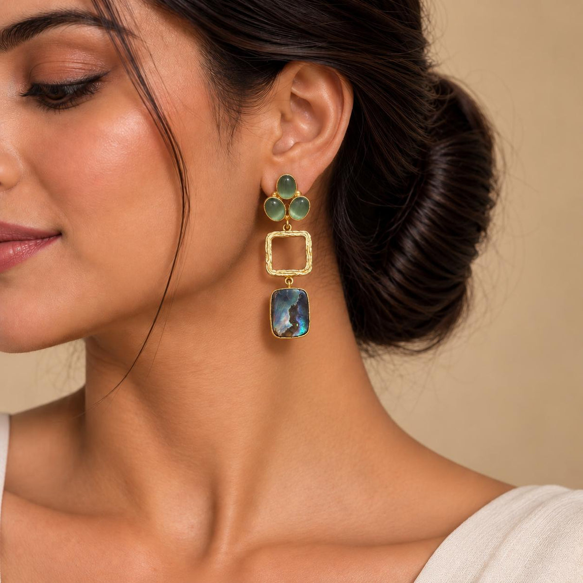 Sage Cat's Eye & Shell Pearl Earrings