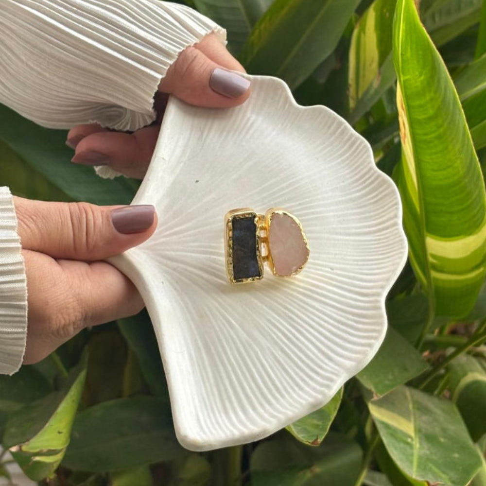 The Juno Dual-Stone Ring Labrodite with Rose Quartz