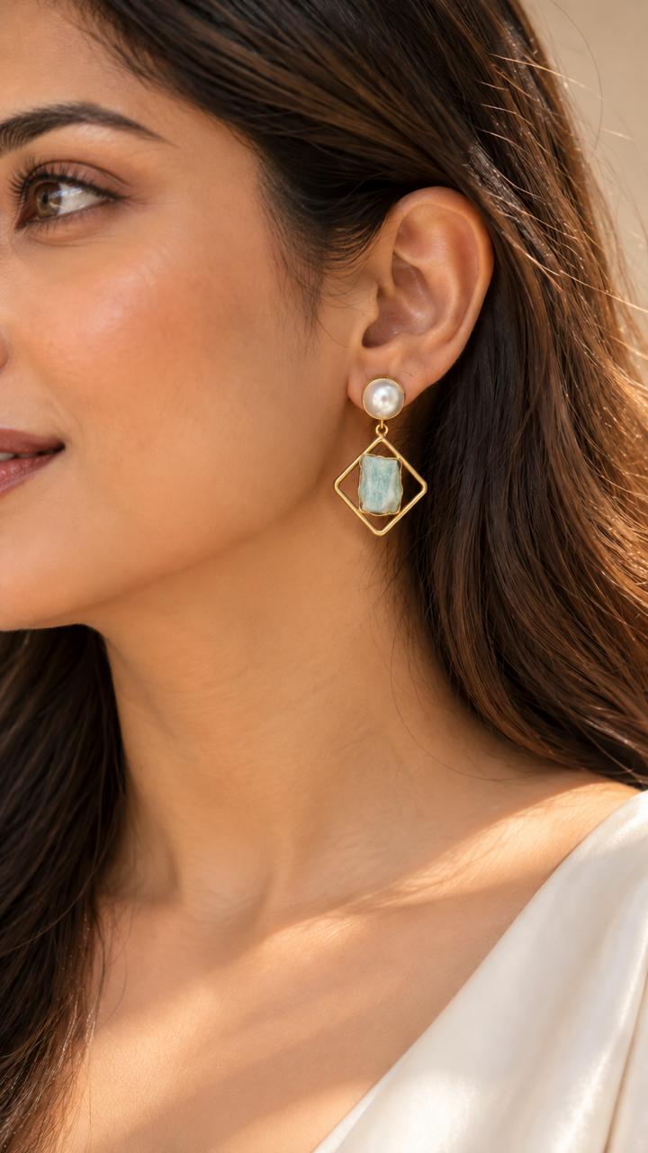 Aqua Pearl and Stone Drop Earrings