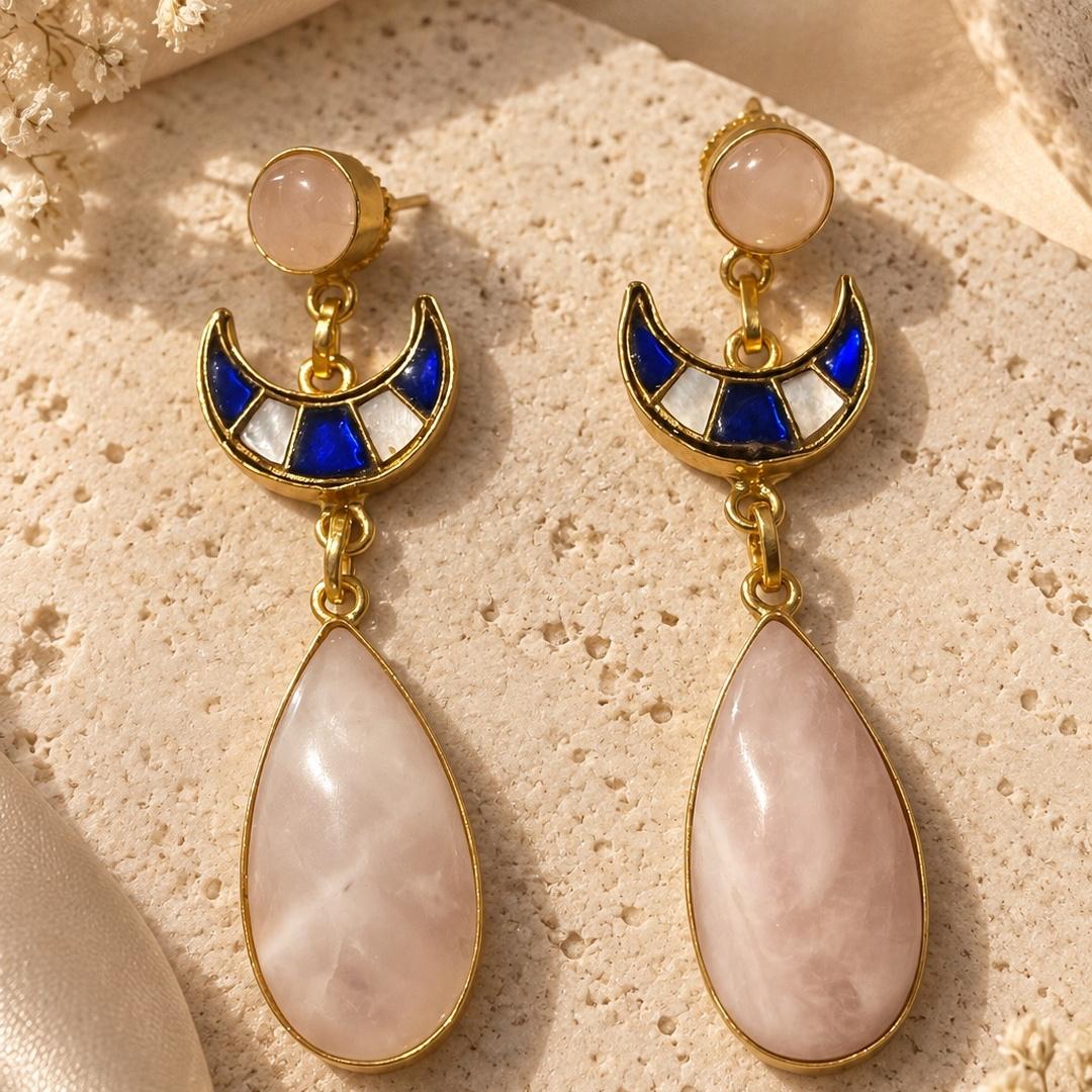 Azure Rose Quartz Crescent Earrings